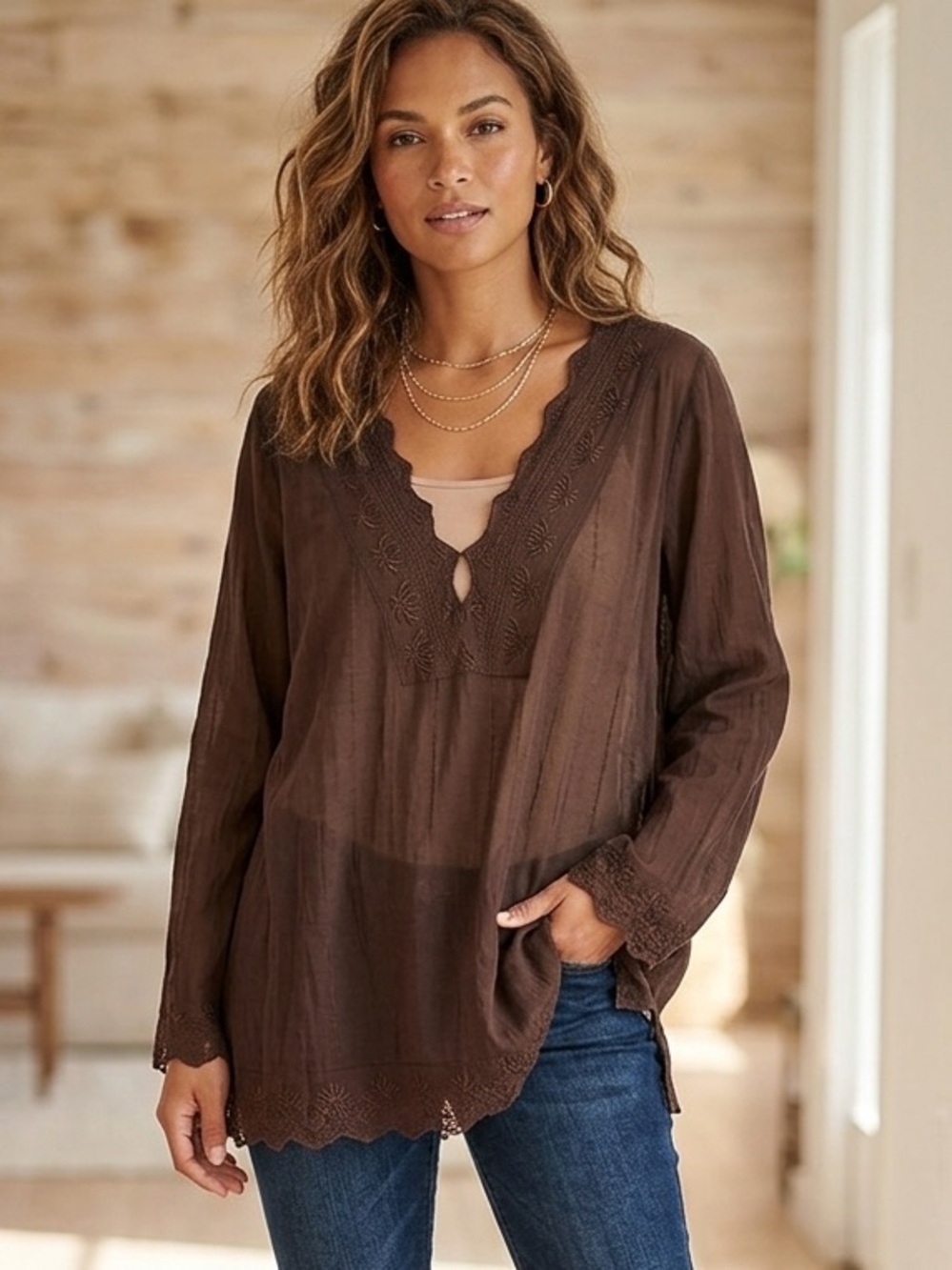 Avenue Mesh Embroidered Top Blouse Size 26/28 Chic Brown Stretchy